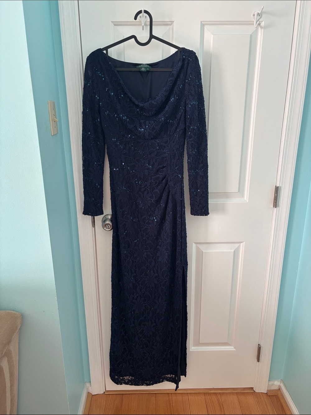 Ralph Lauren Navy Long-Sleeve Beaded Lace Gown